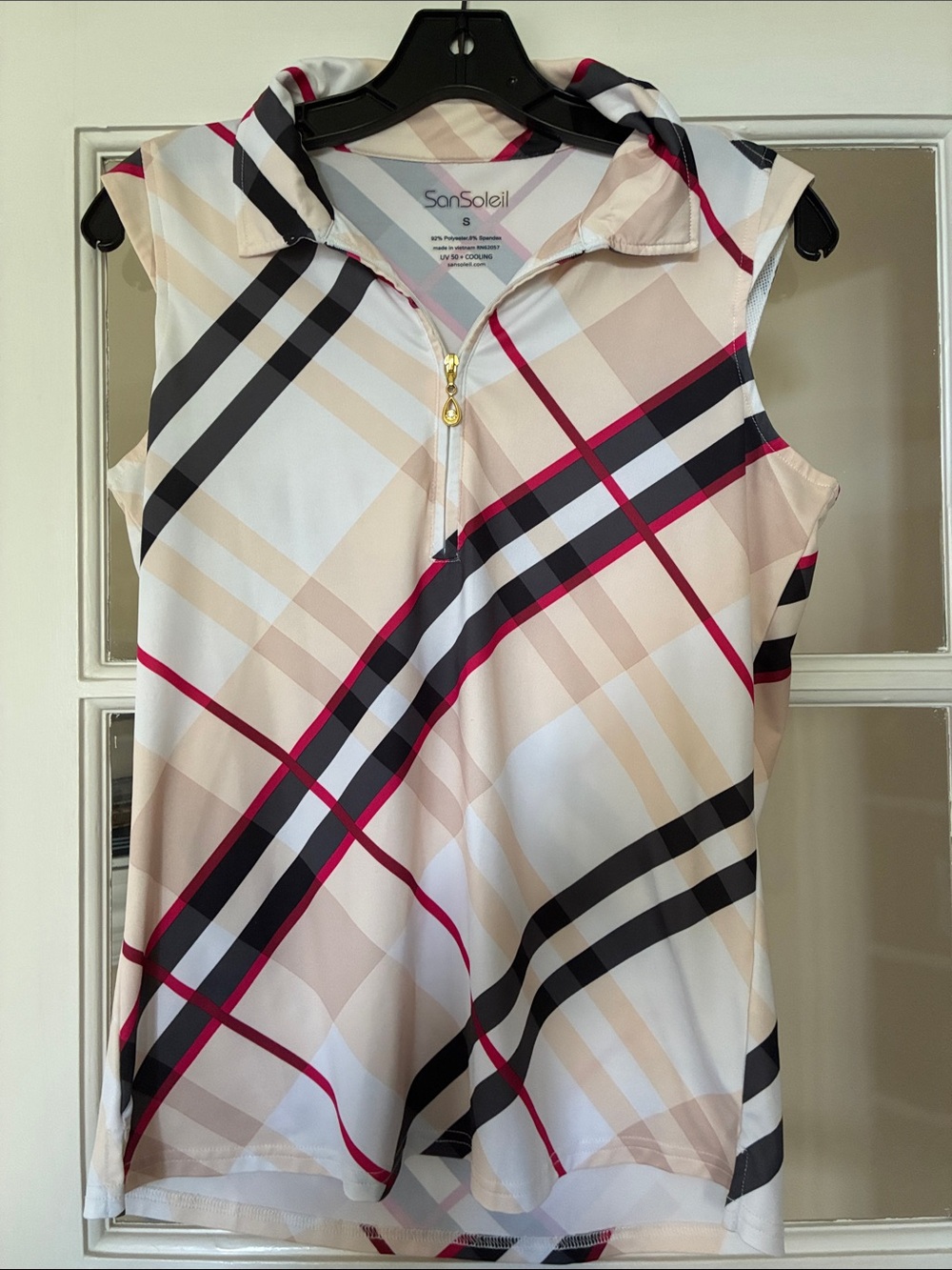 SanSoleil Women's Sleeveless Polo Tank in Beige Plaid